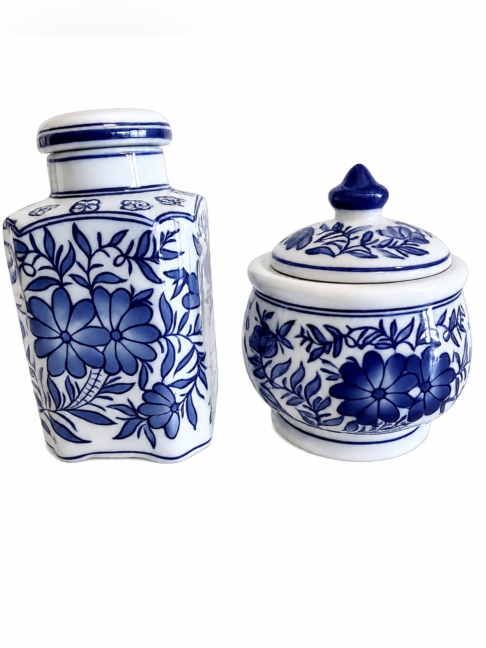 Asian Blue & White Porcelain Ginger Jar & Lidded Canister Floral Decor Set of 2